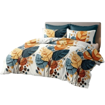 Pościel 160x200 bawełna biała listki PK789 z PRZEŚCIERADŁEM